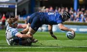 4 June 2022; Caelan Doris of Leinster scores his side's fifth try despite the tackle of Rob Harley of Glasgow Warriors during the United Rugby Championship Quarter-Final match between Leinster and Glasgow Warriors at RDS Arena in Dublin. Photo by Brendan Moran/Sportsfile
