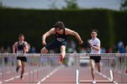 4 June 2022; Finn O'Neil of Limavady GS, Derry, on his way to winning the intermediate boys  100m hurdles at the Irish Life Health All Ireland Schools Track and Field Championships at Tullamore in Offaly. Photo by Sam Barnes/Sportsfile