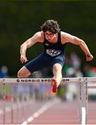 4 June 2022; Finn O'Neil of Limavady GS, Derry, on his way to winning the intermediate boys  100m hurdles at the Irish Life Health All Ireland Schools Track and Field Championships at Tullamore in Offaly. Photo by Sam Barnes/Sportsfile