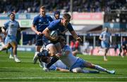 4 June 2022; Garry Ringrose of Leinster scores his side's eighth try during the United Rugby Championship Quarter-Final match between Leinster and Glasgow Warriors at RDS Arena in Dublin. Photo by Brendan Moran/Sportsfile