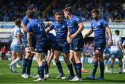 4 June 2022; Garry Ringrose of Leinster celebrates with teammates James Ryan, Jordan Larmour and Ross Byrne after scoring their side's eighth try during the United Rugby Championship Quarter-Final match between Leinster and Glasgow Warriors at RDS Arena in Dublin. Photo by Brendan Moran/Sportsfile