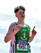 4 June 2022; Senan O'Reilly of St Colmans Fermoy, Cork, celebrates winning the intermediate boys 800m at the Irish Life Health All Ireland Schools Track and Field Championships at Tullamore in Offaly. Photo by Sam Barnes/Sportsfile