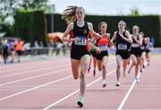 4 June 2022; Saoirse Fitzgerald of Loreto Wexford, crosses the line to win the intermediate girls 800m at the Irish Life Health All Ireland Schools Track and Field Championships at Tullamore in Offaly. Photo by Sam Barnes/Sportsfile