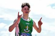4 June 2022; Senan O'Reilly of St Colmans Fermoy, Cork, celebrates winning the intermediate boys 800m at the Irish Life Health All Ireland Schools Track and Field Championships at Tullamore in Offaly. Photo by Sam Barnes/Sportsfile
