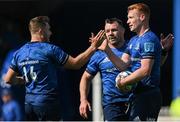 4 June 2022; Ciarán Frawley of Leinster celebrates with teammates Jordan Larmour and Cian Healy after scoring their side's 10th try during the United Rugby Championship Quarter-Final match between Leinster and Glasgow Warriors at RDS Arena in Dublin. Photo by Brendan Moran/Sportsfile