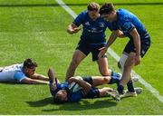 4 June 2022; Jamison Gibson-Park of Leinster celebrates with teammates Jordan Larmour and Jimmy O'Brien after scoring his side's seventh try during the United Rugby Championship Quarter-Final match between Leinster and Glasgow Warriors at RDS Arena in Dublin. Photo by Harry Murphy/Sportsfile