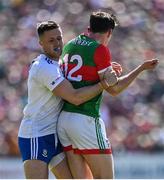 4 June 2022; Dessie Ward of Monaghan and Diarmuid O'Connor of Mayo tangle before the start of the second half during the GAA Football All-Ireland Senior Championship Round 1 match between Mayo and Monaghan at Hastings Insurance MacHale Park in Castlebar, Mayo. Photo by Piaras Ó Mídheach/Sportsfile