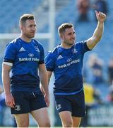 4 June 2022; Rory O'Loughlin, left, and Jordan Larmour of Leinster acknowledge supporters after the United Rugby Championship Quarter-Final match between Leinster and Glasgow Warriors at RDS Arena in Dublin. Photo by Brendan Moran/Sportsfile