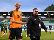 3 June 2022; Will Smallbone of Republic of Ireland and media officer Adam Thompson after the UEFA European U21 Championship qualifying group F match between Republic of Ireland and Bosnia and Herzegovina at Tallaght Stadium in Dublin. Photo by Seb Daly/Sportsfile