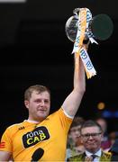 4 June 2022; Eoghan Campbell of Antrim with the cup after the Joe McDonagh Cup Final match between Antrim and Kerry at Croke Park in Dublin. Photo by Ray McManus/Sportsfile