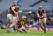 4 June 2022; Paddy Deegan of Kilkenny is tackled by Conor Cooney and Brian Concannon of Galway, left, during the Leinster GAA Hurling Senior Championship Final match between Galway and Kilkenny at Croke Park in Dublin. Photo by Ray McManus/Sportsfile