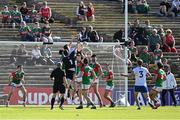 4 June 2022; Players contest possession in front of the Mayo goal in the closing stages during the GAA Football All-Ireland Senior Championship Round 1 match between Mayo and Monaghan at Hastings Insurance MacHale Park in Castlebar, Mayo. Photo by Piaras Ó Mídheach/Sportsfile