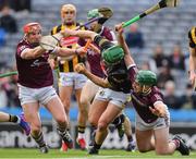 4 June 2022; Kilkenny goalkeeper Eoin Murphy is tackled by Conor Whelan, left, and Brian Concannon of Galway during the Leinster GAA Hurling Senior Championship Final match between Galway and Kilkenny at Croke Park in Dublin. Photo by Ray McManus/Sportsfile