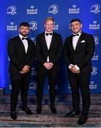 4 June 2022; On arrival at the Leinster Rugby Awards Ball are from left, Michael Milne, Jamie Osborne and Vakh Abdaladze. The Leinster Rugby Awards Ball, which took place at the Clayton Burlington Hotel in Dublin, was a celebration of the 2021/22 Leinster Rugby season to date. Photo by Harry Murphy/Sportsfile