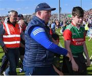 4 June 2022; Monaghan manager Séamus McEnaney leaves the pitch, ahead of referee Barry Cassidy, after the GAA Football All-Ireland Senior Championship Round 1 match between Mayo and Monaghan at Hastings Insurance MacHale Park in Castlebar, Mayo. Photo by Piaras Ó Mídheach/Sportsfile