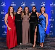4 June 2022; On arrival at the Leinster Rugby Awards Ball are, from left, Molly Boyne, Emma Murphy, Molly Scuffil McCabe, Lisa Callan and Niamh Byrne. The Leinster Rugby Awards Ball, which took place at the Clayton Burlington Hotel in Dublin, was a celebration of the 2021/22 Leinster Rugby season to date. Photo by Harry Murphy/Sportsfile