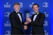 4 June 2022; Tommy O'Brien is presented with the BearingPoint Tackle of the Year award by Eric Conway, Managing Partner of BearingPoint Ireland, during the Leinster Rugby Awards Ball at The Clayton Hotel Burlington Road in Dublin. The Leinster Rugby Awards Ball was a celebration of the 2021/22 Leinster Rugby season to date. Photo by Brendan Moran/Sportsfile
