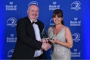 4 June 2022; Newbridge College Principal Pat O'Brien is presented with the Bank of Ireland School of the Year award by Bank of Ireland Sponsorship and Events Executive Sharon Woods during the Leinster Rugby Awards Ball at The Clayton Hotel Burlington Road in Dublin. The Leinster Rugby Awards Ball was a celebration of the 2021/22 Leinster Rugby season to date. Photo by Brendan Moran/Sportsfile