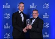 4 June 2022; Rory O'Loughlin is presented with the Nissan Try of the Year award by Managing Director Nissan Ireland Seamus Morgan during the Leinster Rugby Awards Ball at The Clayton Hotel Burlington Road in Dublin. The Leinster Rugby Awards Ball was a celebration of the 2021/22 Leinster Rugby season to date. Photo by Brendan Moran/Sportsfile