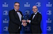 4 June 2022; President of Portarlington RFC Peter McEvoy, left, is presented with the Bank of Ireland Junior Club of the Year award by Bank of Ireland Chief of Staff and Head of Corporate Affairs Oliver Wall during the Leinster Rugby Awards Ball at The Clayton Hotel Burlington Road in Dublin. The Leinster Rugby Awards Ball was a celebration of the 2021/22 Leinster Rugby season to date. Photo by Brendan Moran/Sportsfile