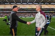4 June 2022; Kilkenny manager Brian Cody, left, and Galway manager Henry Shefflin shake hands after the Leinster GAA Hurling Senior Championship Final match between Galway and Kilkenny at Croke Park in Dublin. Photo by Ramsey Cardy/Sportsfile