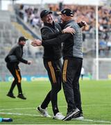 4 June 2022; Kilkenny manager Brian Cody, right, and selector Martin Comerford celebrate at the final whistle of the Leinster GAA Hurling Senior Championship Final match between Galway and Kilkenny at Croke Park in Dublin. Photo by Ramsey Cardy/Sportsfile