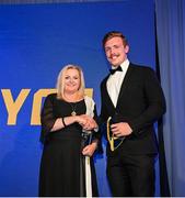 4 June 2022; Retiree Dan Leavy is presented his cap by incoming Leinster Rugby president Debbie Carty. The Leinster Rugby Awards Ball, taking place at the Burlington Hotel in Dublin, were a celebration of the 2021/22 Leinster Rugby season to date. Photo by Harry Murphy/Sportsfile