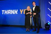 4 June 2022; Retiree Dan Leavy is presented his cap by incoming Leinster Rugby president Debbie Carty. The Leinster Rugby Awards Ball, taking place at the Burlington Hotel in Dublin, were a celebration of the 2021/22 Leinster Rugby season to date. Photo by Harry Murphy/Sportsfile