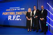 4 June 2022; President of Portarlington RFC Peter McEvoy is presented with the Bank of Ireland Junior Club of the Year award by Bank of Ireland Chief of Staff and Head of Corporate Affairs Oliver Wall and incoming Leinster Rugby president Debbie Carty during the Leinster Rugby Awards Ball at The Clayton Hotel Burlington Road in Dublin. The Leinster Rugby Awards Ball was a celebration of the 2021/22 Leinster Rugby season to date. Photo by Harry Murphy/Sportsfile