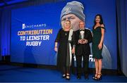 4 June 2022; Johnny O'Hagan is presented with the Beauchamps Contribution to Leinster Rugby award by Beauchamps Associate Sian Browne and incoming Leinster Rugby president Debbie Carty during the Leinster Rugby Awards Ball at The Clayton Hotel Burlington Road in Dublin. The Leinster Rugby Awards Ball was a celebration of the 2021/22 Leinster Rugby season to date. Photo by Harry Murphy/Sportsfile