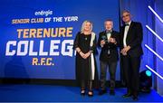 4 June 2022; Terenure College president Marty Doyle is presented with the Energia Senior Club  of the Year award by Gary Ryan of Energia and incoming Leinster Rugby president Debbie Carty during the Leinster Rugby Awards Ball at The Clayton Hotel Burlington Road in Dublin. The Leinster Rugby Awards Ball was a celebration of the 2021/22 Leinster Rugby season to date. Photo by Harry Murphy/Sportsfile