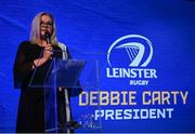 4 June 2022; Incoming Leinster Rugby president Debbie Carty speaks during the Leinster Rugby Awards Ball at The Clayton Hotel Burlington Road in Dublin. The Leinster Rugby Awards Ball was a celebration of the 2021/22 Leinster Rugby season to date. Photo by Harry Murphy/Sportsfile
