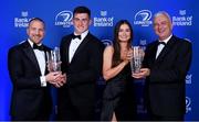 4 June 2022; Dan Sheehan is presented with the LAYA Healthcare Men's Young Player of the Year award by D.O. O’Connor of LAYA Healthcare and Ella Roberts is presented with the LAYA Healthcare Women's Young Player of the Year award by Donal Clancy of LAYA Healthcare during the Leinster Rugby Awards Ball at The Clayton Hotel Burlington Road in Dublin. The Leinster Rugby Awards Ball was a celebration of the 2021/22 Leinster Rugby season to date. Photo by Brendan Moran/Sportsfile