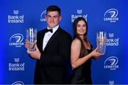 4 June 2022; Dan Sheehan and Ella Roberts with their LAYA Healthcare Men's and Women's Young Player of the Year awards during the Leinster Rugby Awards Ball at The Clayton Hotel Burlington Road in Dublin. The Leinster Rugby Awards Ball was a celebration of the 2021/22 Leinster Rugby season to date. Photo by Brendan Moran/Sportsfile