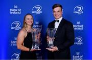 4 June 2022; Michelle Claffey, left, and Josh van der Flier with their Bank of Ireland Women's and Men's Player's Player of the Year awards during the Leinster Rugby Awards Ball at The Clayton Hotel Burlington Road in Dublin. The Leinster Rugby Awards Ball was a celebration of the 2021/22 Leinster Rugby season to date. Photo by Brendan Moran/Sportsfile