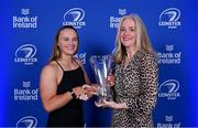 4 June 2022; Michelle Claffey is presented with the Bank of Ireland Women's Player's Player of the Year award by Bank of Ireland Chief Marketing Officer Laura Lynch during the Leinster Rugby Awards Ball at The Clayton Hotel Burlington Road in Dublin. The Leinster Rugby Awards Ball was a celebration of the 2021/22 Leinster Rugby season to date. Photo by Brendan Moran/Sportsfile