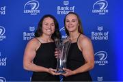 4 June 2022; Michelle Claffey, right, with her partner Jackie Shiels and her Bank of Ireland Womens Player's Player of the Year award during the Leinster Rugby Awards Ball at The Clayton Hotel Burlington Road in Dublin. The Leinster Rugby Awards Ball was a celebration of the 2021/22 Leinster Rugby season to date. Photo by Brendan Moran/Sportsfile