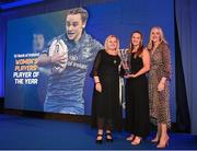 4 June 2022; Michelle Claffey is presented with the Bank of Ireland Womens Player's Player of the Year award by Bank of Ireland Chief Marketing Officer Laura Lynch and incoming Leinster Rugby President Debbie Carty during the Leinster Rugby Awards Ball at The Clayton Hotel Burlington Road in Dublin. The Leinster Rugby Awards Ball was a celebration of the 2021/22 Leinster Rugby season to date. Photo by Harry Murphy/Sportsfile