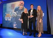 4 June 2022; Josh van der Flier is presented with the Bank of Ireland Mens Player's Player of the Year award by Bank of Ireland Chief Marketing Officer Laura Lynch and incoming Leinster Rugby President Debbie Carty during the Leinster Rugby Awards Ball at The Clayton Hotel Burlington Road in Dublin. The Leinster Rugby Awards Ball was a celebration of the 2021/22 Leinster Rugby season to date. Photo by Harry Murphy/Sportsfile