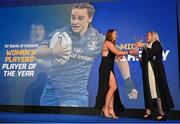 4 June 2022; Michelle Claffey is presented with the Bank of Ireland Womens Player's Player of the Year award by incoming Leinster Rugby President Debbie Carty during the Leinster Rugby Awards Ball at The Clayton Hotel Burlington Road in Dublin. The Leinster Rugby Awards Ball was a celebration of the 2021/22 Leinster Rugby season to date. Photo by Harry Murphy/Sportsfile