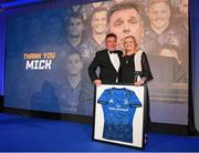 4 June 2022; Outgoing CEO Mick Dawson is presented a jersey by incoming Leinster Rugby president Debbie Cartyduring the Leinster Rugby Awards Ball at The Clayton Hotel Burlington Road in Dublin. The Leinster Rugby Awards Ball was a celebration of the 2021/22 Leinster Rugby season to date. Photo by Harry Murphy/Sportsfile