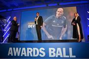 4 June 2022; Retiree Devin Toner speaks during the Leinster Rugby Awards Ball at The Clayton Hotel Burlington Road in Dublin. The Leinster Rugby Awards Ball was a celebration of the 2021/22 Leinster Rugby season to date. Photo by Harry Murphy/Sportsfile