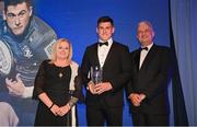 4 June 2022; Dan Sheehan is presented with the LAYA Healthcare Men's Young Player of the Year award by Donal Clancy of LAYA Healthcare and incoming Leinster Rugby President Debbie Carty during the Leinster Rugby Awards Ball at The Clayton Hotel Burlington Road in Dublin. The Leinster Rugby Awards Ball was a celebration of the 2021/22 Leinster Rugby season to date. Photo by Harry Murphy/Sportsfile