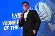 4 June 2022; LAYA Healthcare Men's Young Player of the Year Dan Sheehan speaks during the Leinster Rugby Awards Ball at The Clayton Hotel Burlington Road in Dublin. The Leinster Rugby Awards Ball was a celebration of the 2021/22 Leinster Rugby season to date. Photo by Harry Murphy/Sportsfile
