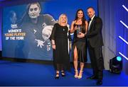 4 June 2022; Ella Roberts is presented with the LAYA Healthcare Women's Young Player of the Year award by D.O. O’Connor of LAYA Healthcare and incoming Leinster Rugby President Debbie Carty during the Leinster Rugby Awards Ball at The Clayton Hotel Burlington Road in Dublin. The Leinster Rugby Awards Ball was a celebration of the 2021/22 Leinster Rugby season to date. Photo by Harry Murphy/Sportsfile