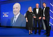 4 June 2022; Frank Sowman is presented with the Guinness Hall of Fame award by Gavin Ó Broin of Diageo and incoming Leinster Rugby President Debbie Carty during the Leinster Rugby Awards Ball at The Clayton Hotel Burlington Road in Dublin. The Leinster Rugby Awards Ball was a celebration of the 2021/22 Leinster Rugby season to date. Photo by Harry Murphy/Sportsfile