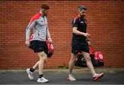 5 June 2022; Cathal McShane, left, and Matthew Donnelly of Tyrone arrive before the GAA Football All-Ireland Senior Championship Round 1 match between Armagh and Tyrone at Athletic Grounds in Armagh. Photo by Ramsey Cardy/Sportsfile