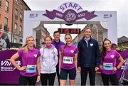 5 June 2022; In attendance are Vhi ambassadors, from left, Aimee Connolly, Rozanna Purcell, and Dearbhla Toal with, Brighid Smyth, Head of Corporate communications at Vhi, Vhi ambassador David Gillick, left, and Vhi CEO Brian Walsh before the 2022 Vhi Women’s Mini Marathon in Dublin. 20,000 Women from all over the country took to the streets of Dublin to run, walk and jog the 10km route, raising much needed funds for hundreds of charities around the country. For further information please log on to www.vhiwomensminimarathon.ie Photo by Sam Barnes/Sportsfile