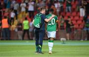 4 June 2022; Chiedozie Ogbene of Republic of Ireland and FAI communications manager Kieran Crowley after the UEFA Nations League B group 1 match between Armenia and Republic of Ireland at Vazgen Sargsyan Republican Stadium in Yerevan, Armenia. Photo by Stephen McCarthy/Sportsfile