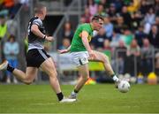 5 June 2022; Keith Beirne of Leitrim shoots for goal as only Paul McNamara of Sligo looks on during the Tailteann Cup Quarter-Final match between Leitrim and Sligo at Avant Money Páirc Seán Mac Diarmada, Carrick-on-Shannon in Leitrim. Photo by Ray Ryan/Sportsfile